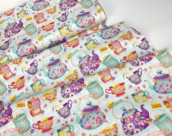 Teapot Toss Blue Color, 100% Cotton Quilting Fabric ~ Sweet Tea Collection by Maddalee Studios for Quilting Treasures