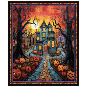 May include: A Halloween-themed artwork featuring a spooky haunted house with glowing windows, set against a vibrant orange and red sunset. Carved pumpkins line a cobblestone path leading to the house, framed by dark, bare trees.