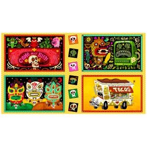 May include: A colorful illustration featuring four panels with Day of the Dead and Mexican folk art themes. Panels include a skull with text, luchador masks, and a taco truck. The artwork is vibrant with bold colors and intricate details.