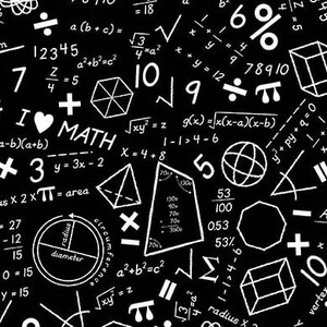 May include: Black background with white mathematical symbols, equations, and numbers. Includes the text "I ❤️ MATH". Geometric shapes, fractions, and formulas are scattered across the surface, creating a pattern.