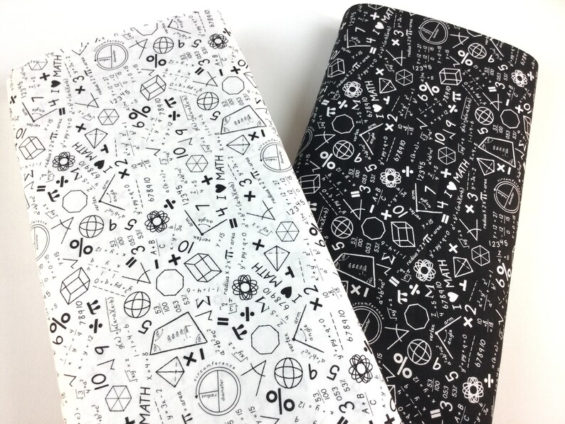 May include: Two fabric samples, one white and one black, are covered in math symbols, equations, and the phrase "I ❤️ MATH." Geometric shapes, numbers, and mathematical operators create a repeating pattern. The fabric is suitable for crafting or educational projects.