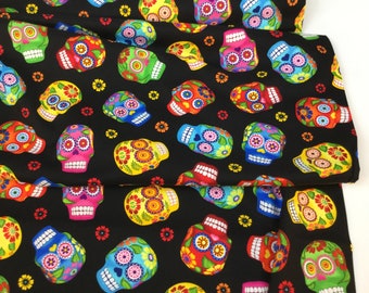 8 Dollars/ Yard SALE ~ Tossed Sugar Skulls Black Fabric ~ Folk Art Sugar Skulls ~ Timeless Treasures Cotton Quilt Fabric