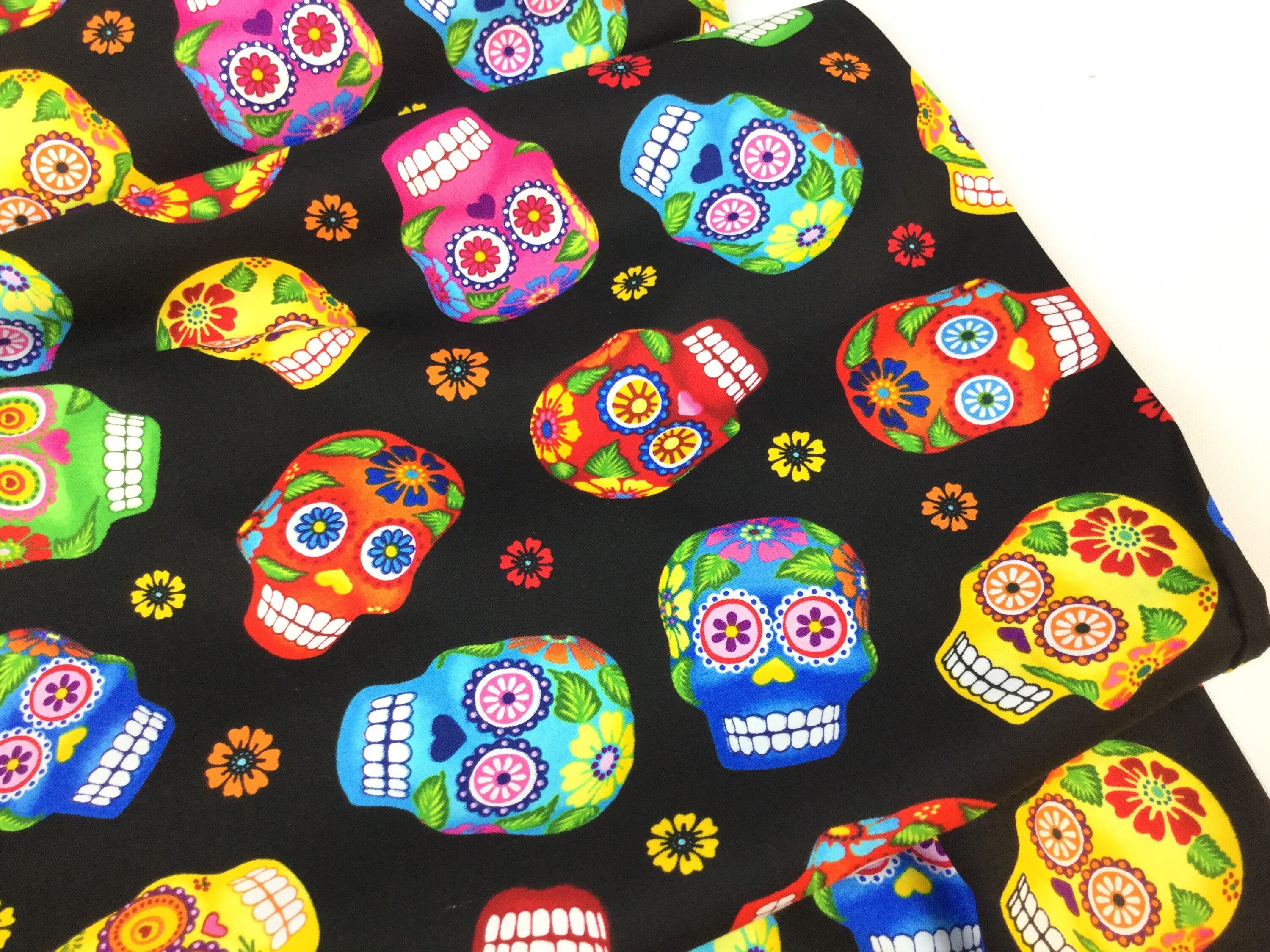 By the Yard SALE ~ Tossed Sugar Skulls Black Fabric ~ Folk Art Sugar ...
