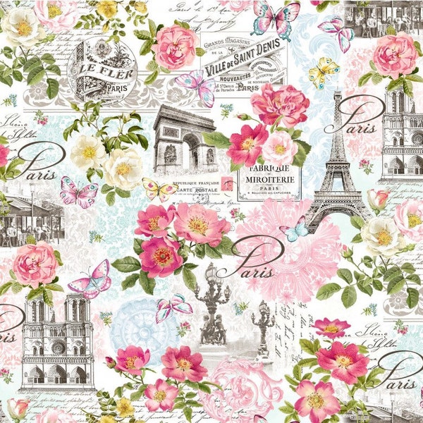 Paris in Bloom White Fabric ~ La Vie en Rose Collection from Michael Miller Fabrics, 100% Quilting Cotton Fabric