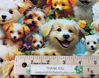 May include: Fabric featuring a colorful pattern of smiling puppies in various breeds and colors, including golden, brown, and white. The fabric has a light blue background with floral accents. The text "THANK YOU" and a website address are visible.