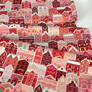 Gingerbread Houses 3 Colors: Cherry / Mint / Gingerbread Fabric Tinsel Town Collection from Wishwell, Robert Kaufman Fabrics, 100% Cotton Cherry