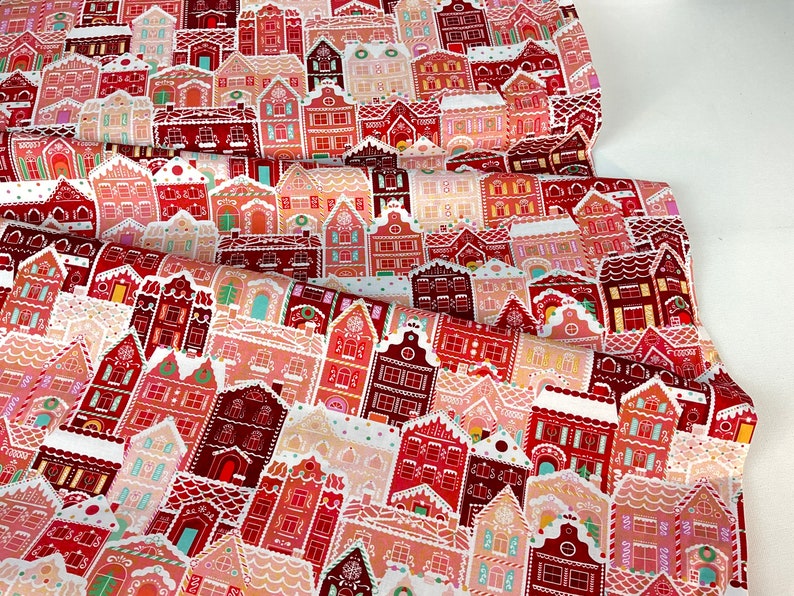 Gingerbread Houses 3 Colors: Cherry / Mint / Gingerbread Fabric Tinsel Town Collection from Wishwell, Robert Kaufman Fabrics, 100% Cotton Cherry
