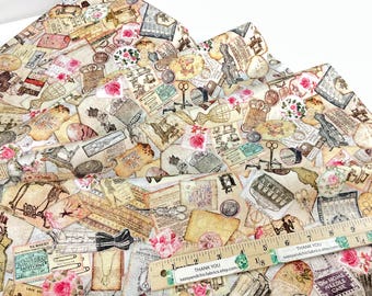 Sewing Ephemera Gray Background, 100% Quilting Cotton Fabric ~ Sew Shabby Chic Collection by Dan Morris for QT Fabrics