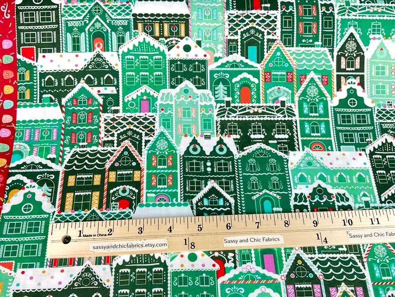 Gingerbread Houses 3 Colors: Cherry / Mint / Gingerbread Fabric Tinsel Town Collection from Wishwell, Robert Kaufman Fabrics, 100% Cotton image 3