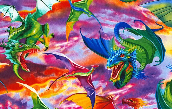 Dragons in Rainbow Bright Colors allover designed by Michael Searle 44 inches wide by Timeless Treasures 100/% Cotton Fabric TT-C6317 Bright