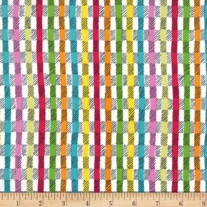May include: A colorful fabric with a white background featuring a plaid pattern overlaid with vertical stripes in various colors. The stripes include red, orange, yellow, green, blue, and pink. The fabric is measured in inches.