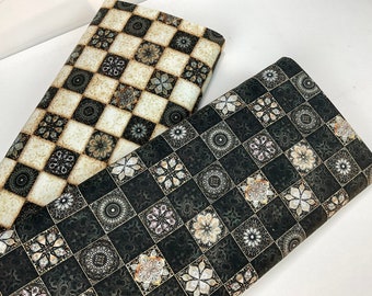 Checkerboard Medallion Ecru or Black Fabric ~ Checkmate Collection by Dan Morris for QT Fabrics ~ 100% LIGHTWEIGHT Quilting Cotton Fabric