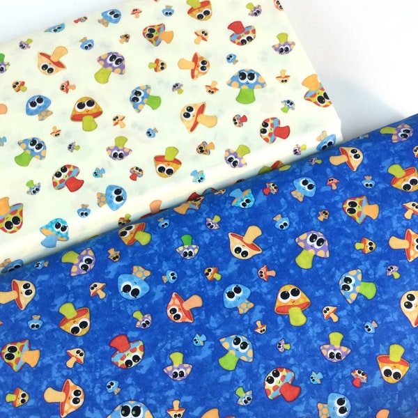 7 Dollars/Yard SALE ~ Mushrooms Blue or Cream Fabrics ~ Hip Hop Collection by Dan Morris for QT Fabrics, 100% Quilting Cotton