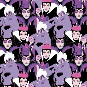 May include: A repeating pattern featuring cartoon illustrations of Disney villains, including Ursula, Maleficent, and the Evil Queen. The characters are depicted in shades of purple, black, and white, with crowns and other iconic elements.