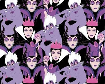 Disney Villains Chalk fabric including The Evil Queen Ursula Cruella De Vil Scar Jafar Hades and Maleficent 100% Cotton 43 wide.