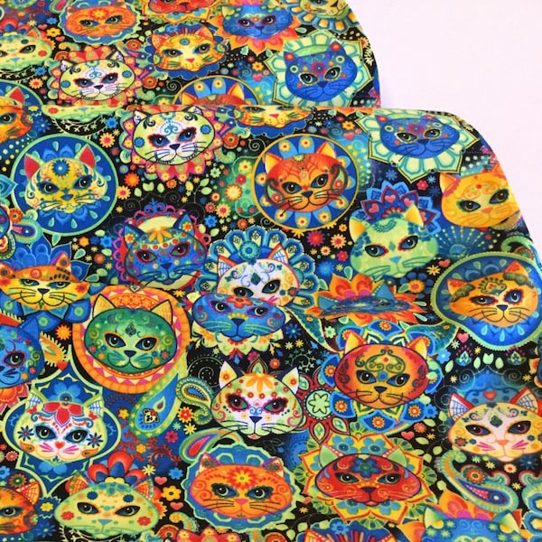 Bright Cat Sugar Skulls Multi Color ~ Timeless Treasures Fabrics, 100% Quilting Cotton