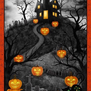 May include: Halloween-themed fabric panel featuring a spooky scene. A haunted house sits atop a hill with glowing jack-o'-lanterns, bats, and a full moon. Black cats with glowing eyes and star patterns are also present.