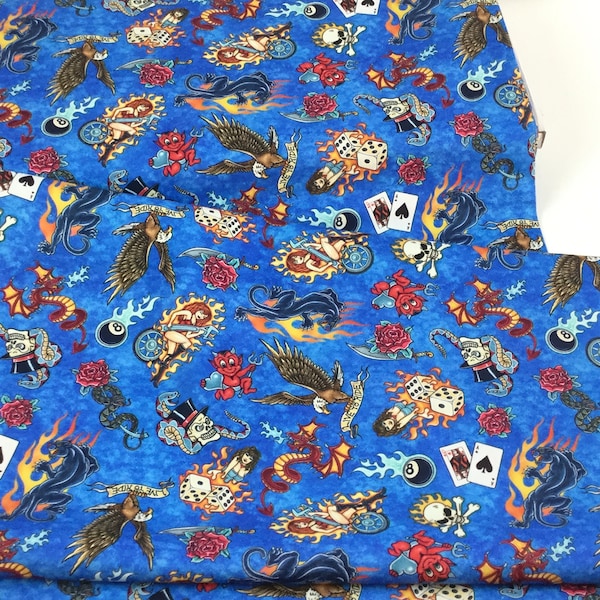 4 Dollars/ Yard SALE ~ Tattoo Toss Blue Fabric ~  from Easy Rider Collection by Dan Morris for QT Fabrics, Quilting Cotton Fabric