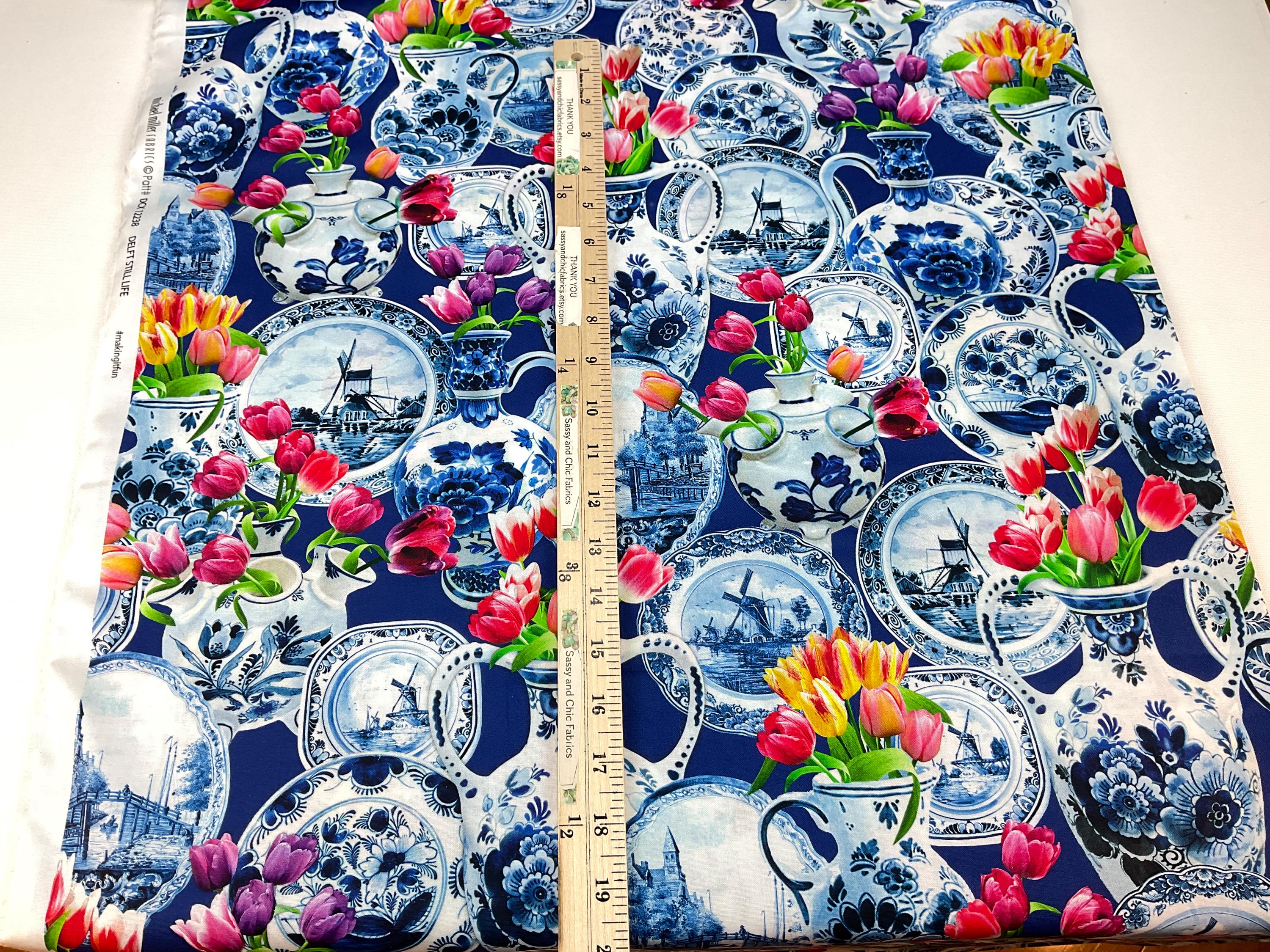 Delft Still Life 2 Colors: Sky or Royal Background, 100% Cotton Fabric ...