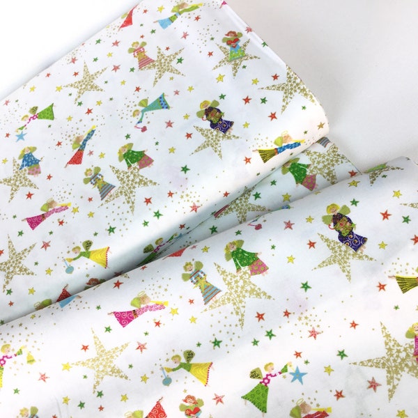 SALE ~ By the Yard ~ Angels and Stars White Fabric ~ Holiday Minis Collection from QT Fabrics, 100% Quilting Cotton