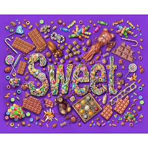 May include: A vibrant purple background filled with an assortment of candies and chocolates. The word "SWEET" is spelled out with colorful candies. Various chocolate bars, lollipops, and a chocolate bear are scattered around the word.
