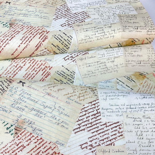 Handwritten Recipes Natural Fabric ~ Cherry Pie Collection by Gail Cadden for Timeless Treasures Fabrics, 100% Quilting Cotton