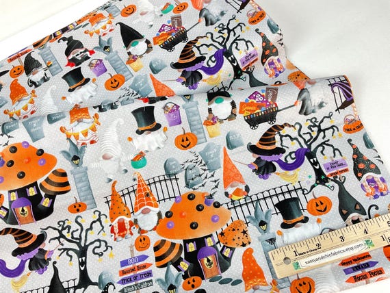 Spooky Gnomes Scenic Gray Background, 100% Cotton Fabric ~ Spooktacular Gnomes Collection by Andy Metz for Benartex Fabrics