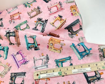 Tossed Sewing Machines Light Pink Color, 100% Quilting Cotton Fabric ~ In Stitches Collection by Dan Morris for QT Fabrics