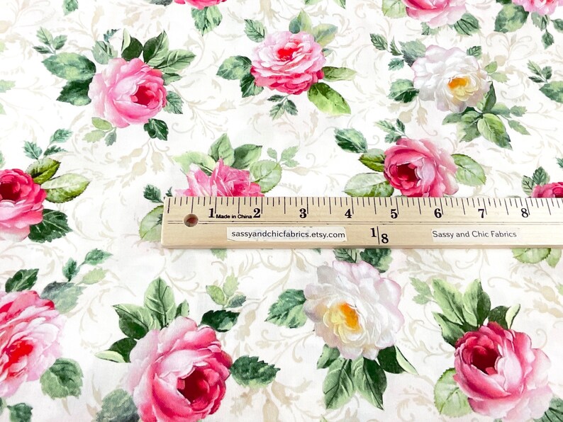 Single Roses on Cream Background 100% Digital Print Cotton Fabric ...