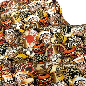 May include: A fabric featuring a repeating pattern of Southwestern pottery. The pottery includes various shapes of vases, bowls, and jars, decorated with geometric designs in black, red, and cream colors. The overall theme is a cultural and artistic design.