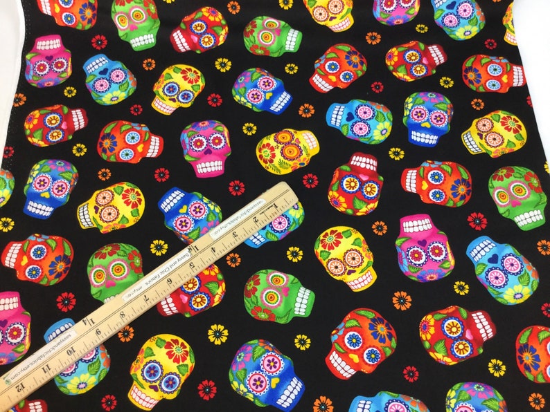 By the Yard ~ Tossed Sugar Skulls Black Fabric ~ Folk Art Sugar Skulls ...
