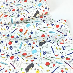 Tossed School Items White Fabric ~ Top of The Class Collection by Hannah of Pencil & Ink Studio for Blank Quilting, 100% Cotton