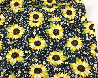 You Are My Sunshine Sunflower & Bees Chalkboard Black Background, 100% Cotton Fabric ~ You are my Sunshine Collection, Timeless Treasures