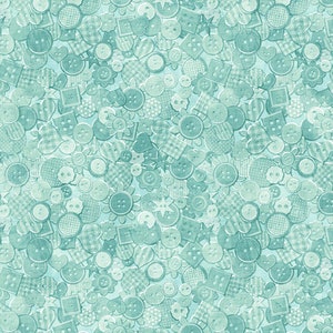May include: A teal-colored fabric covered in a pattern of various buttons. The buttons are in different shapes, including circles, squares, hearts, and flowers. Some buttons have a gingham pattern.