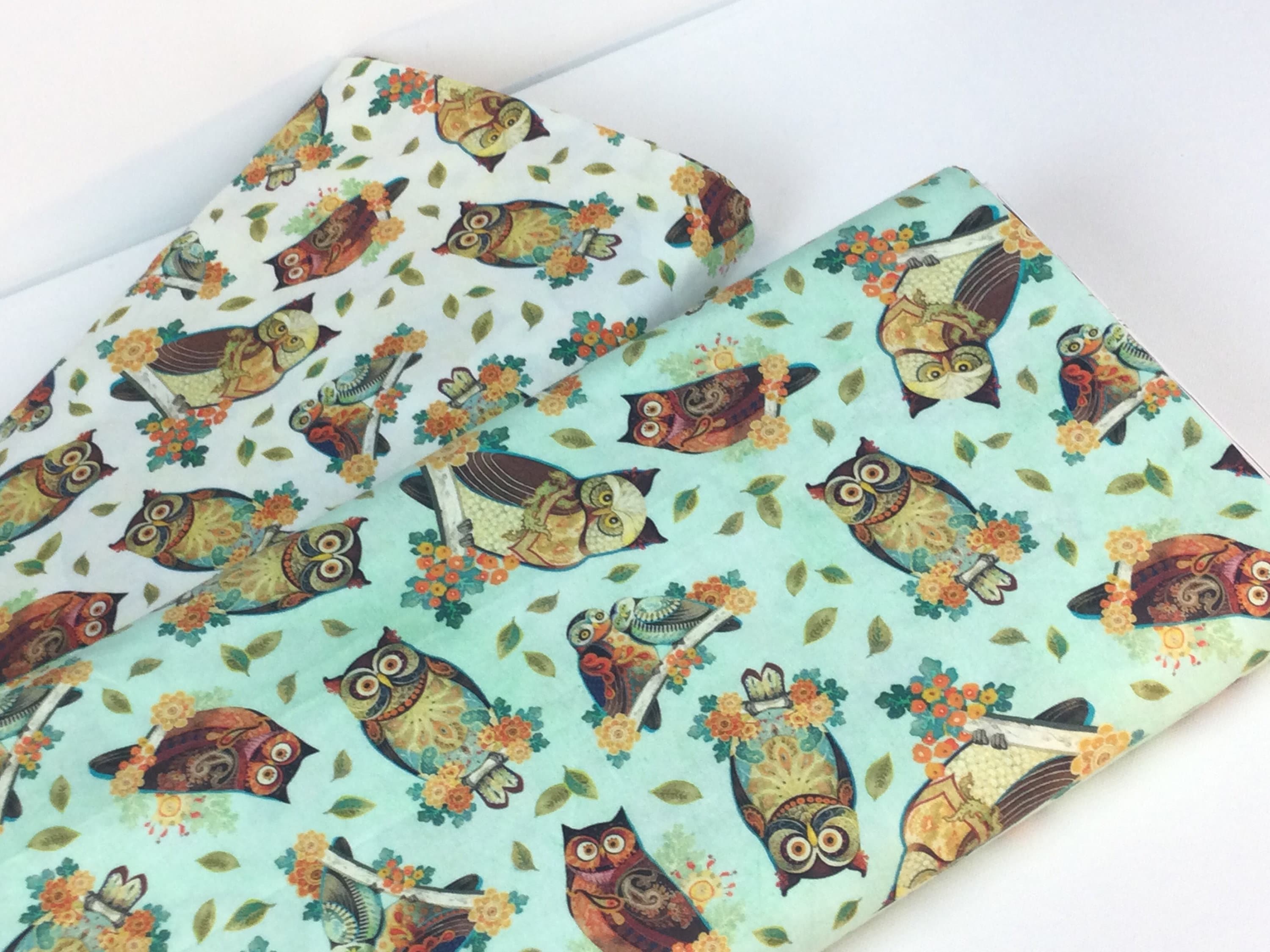 By the Yard ~ Tossed Owls 2 Colors: Aqua or Cream, 100% Cotton Fabric ~ Owl Arabesque Collection by