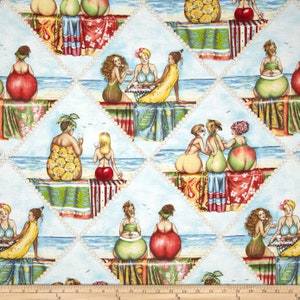 May include: Fabric with a whimsical beach scene featuring stylized figures resembling fruits. The figures are on the beach, some are eating ice cream. The background shows the ocean and sky, with a repeating pattern of diamond shapes.