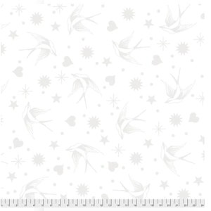 May include: White fabric featuring a repeating pattern of light grey swallows, hearts, stars, and bursts. The swallows are shown in flight. The design is suitable for quilting, clothing, or home decor projects. Measurements are in inches.