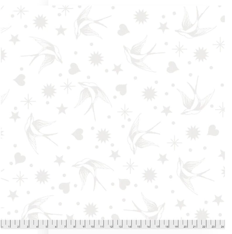 May include: White fabric featuring a repeating pattern of light grey swallows, hearts, stars, and bursts. The swallows are shown in flight. The design is suitable for quilting, clothing, or home decor projects. Measurements are in inches.