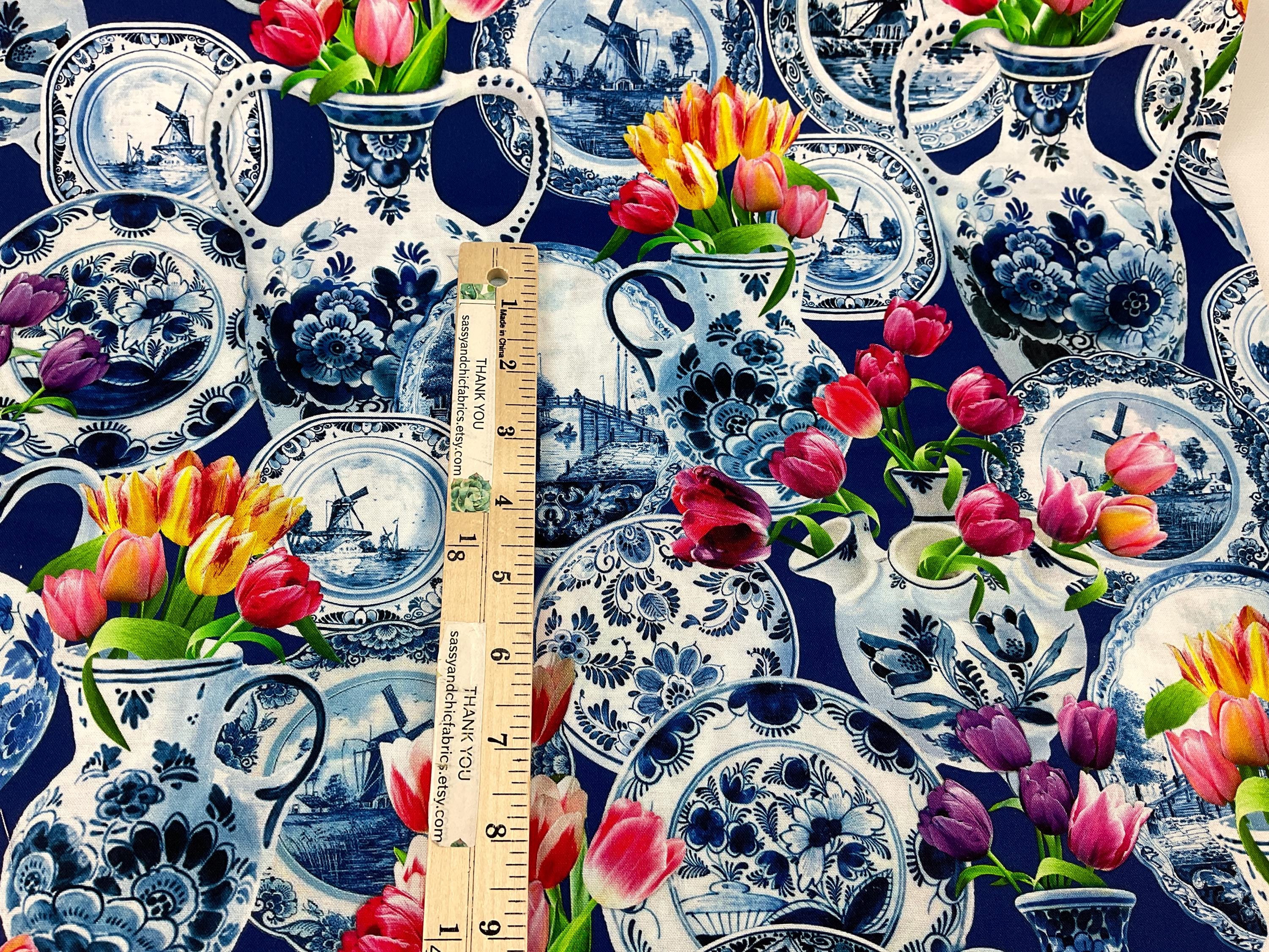 Delft Still Life 2 Colors: Sky or Royal Background, 100% Cotton Fabric ...