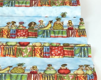 Fruit Ladies Stripe Blue Background, 100% Quilting Cotton Fabric ~ Designed by Mary Stewart for Elizabeth's Studio