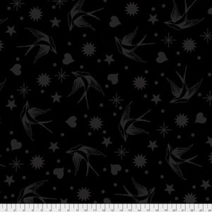 May include: Black fabric featuring a repeating pattern of swallows, stars, hearts, and dots in dark grey. The design provides a subtle contrast against the black background. Suitable for sewing or crafting projects.