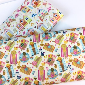 May include: Two fabric pieces with a beach theme. One features colorful beach huts, the other shows people sunbathing, with beach towels, hats, and beach accessories. The fabric has a cream background with a repeating pattern.