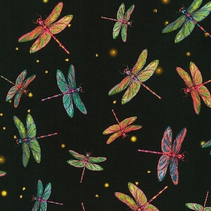 May include: A repeating pattern of colorful dragonflies on a black background. The dragonflies have detailed wings in shades of red, green, and blue, with yellow accents. The design includes small, glowing yellow dots.