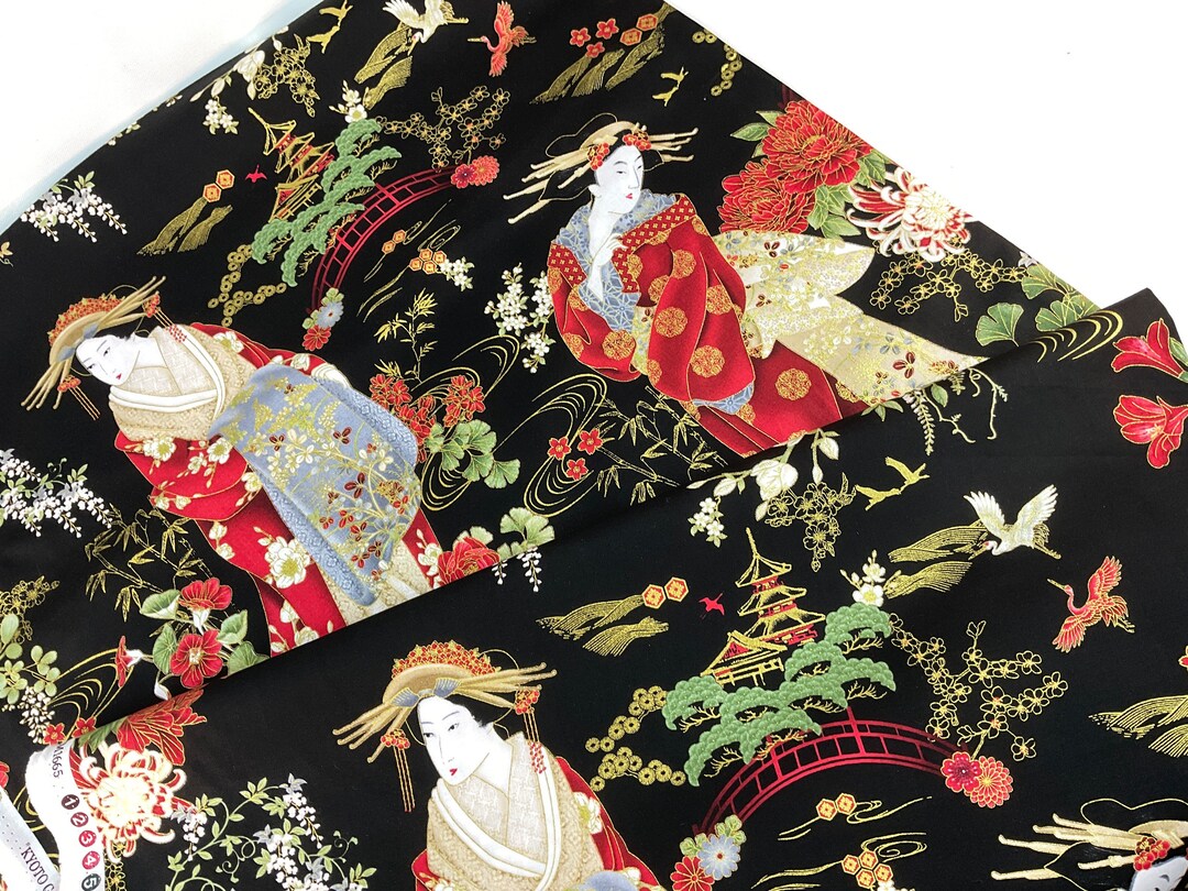Japanese Geishas Black Cotton With Metallic Fabric ~ Kyoto