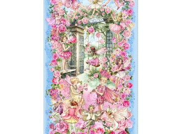 May include: A fabric panel featuring a whimsical fairy garden scene. Fairies in pink and white dresses and wings dance among pink roses and greenery. The panel has a light blue border and includes the text "SPRING SONGS FAIRY PANEL -24" REPEAT".