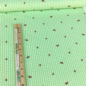 K&ouml;nnte beinhalten: Gr&uuml;n-wei&szlig;es Vichy-Stoff mit einem sich wiederholenden Muster aus Wassermelonenscheiben. Ein Holzlineal mit Zentimetermarkierungen liegt auf dem Stoff. Der Stoff ist im Hintergrund aufgerollt.