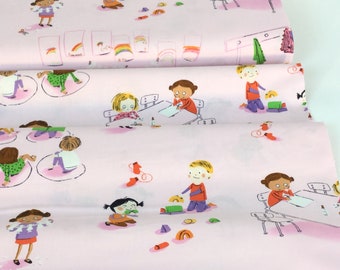 Kids at Play Kindergarten Pink Background, 100% Quilting Cotton Fabric ~ Kinder Collection Designed by Heather Ross for Windham Fabrics