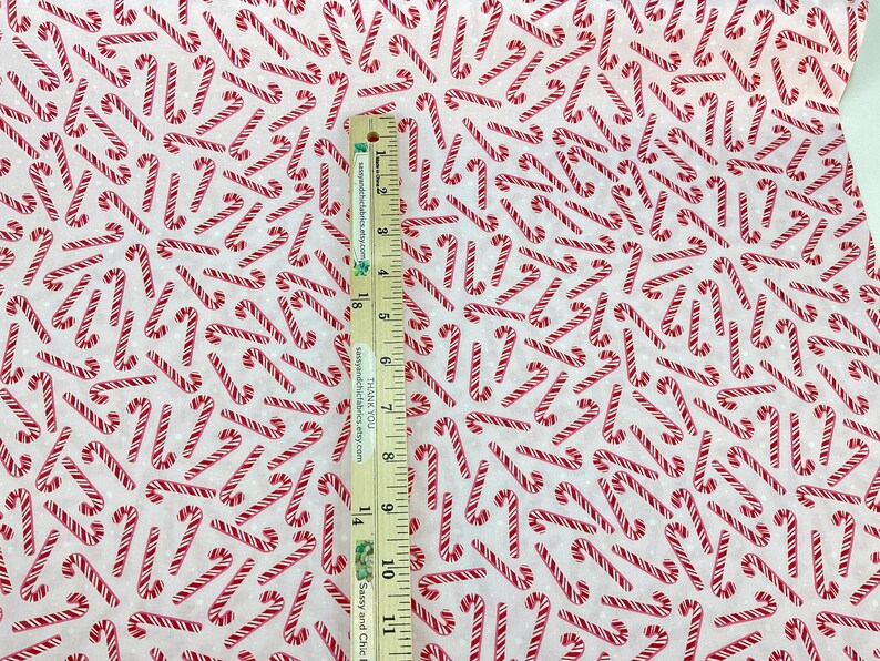 Candy Cane Ruler Tossed Candy Canes and Dots Pink Background, 100% Quilting Cotton ...