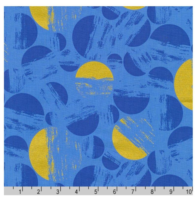 May include: Blue fabric with a pattern of overlapping blue and yellow circles. The circles have a textured, brushstroke-like appearance. The fabric is measured in inches.