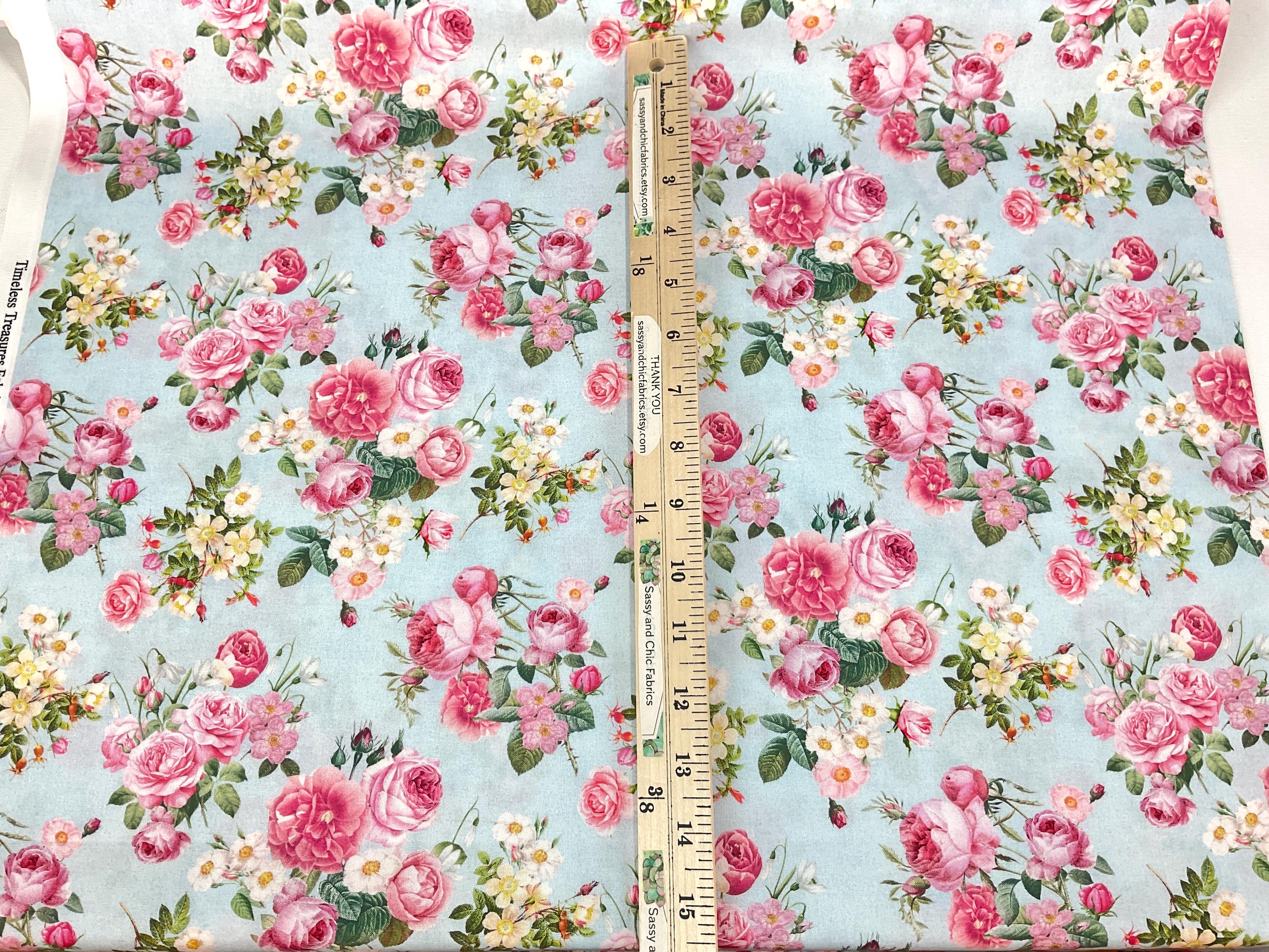 Floral Bouquets Blue Background, 100% Digital Cotton Fabric ~ Belle ...